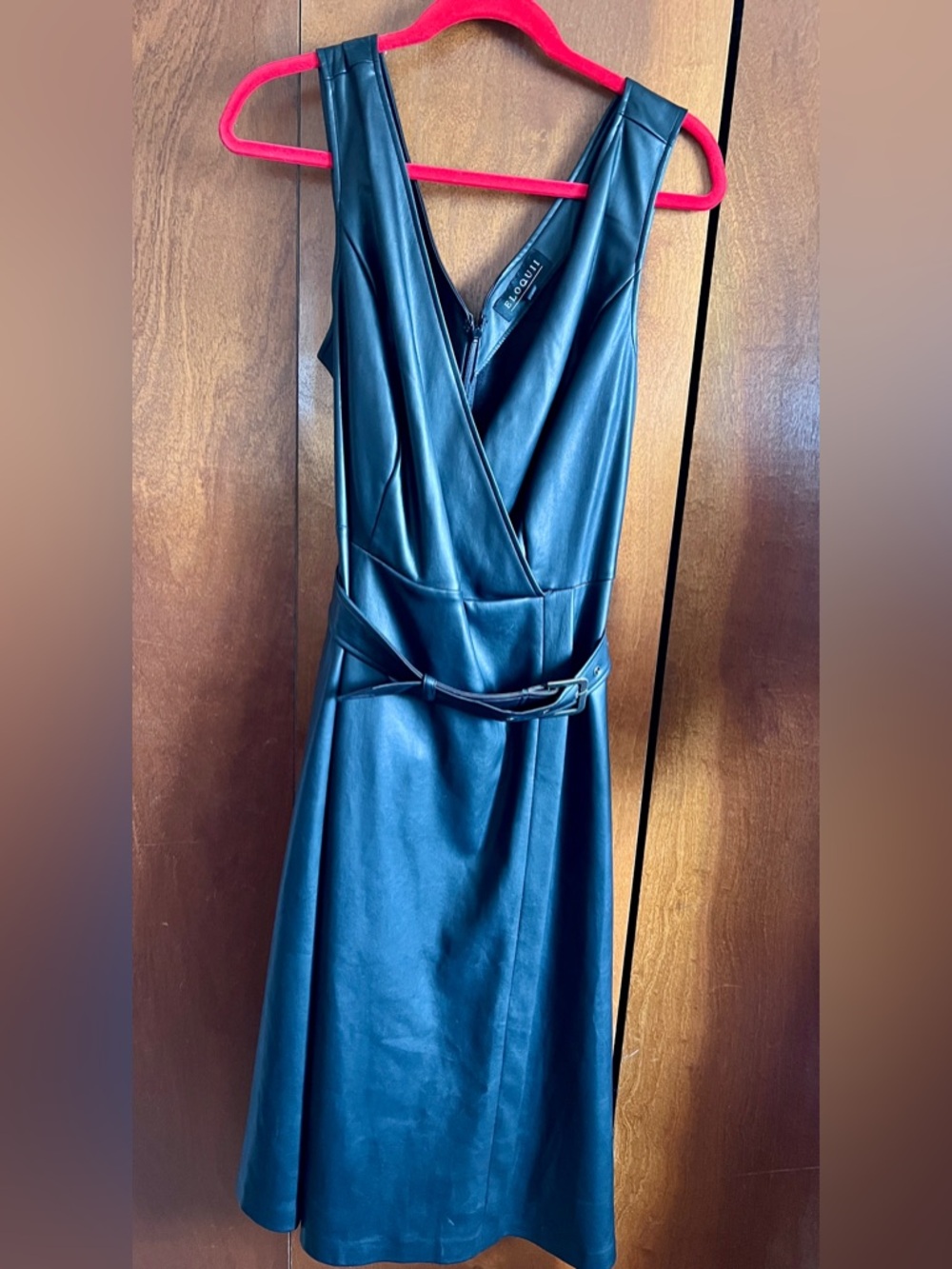 Black faux leather Dress with V-Neck Sleeveless Design